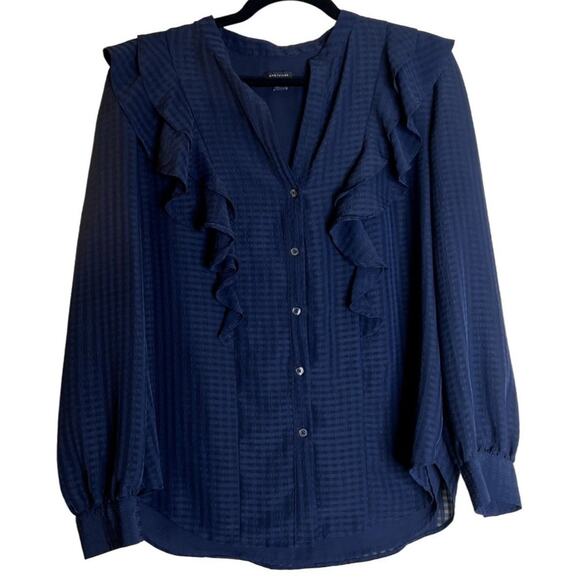 Ann Taylor Navy Blue Jacquard V-Neck Ruffle Button Down Popover Blouse Size M - Picture 2 of 7